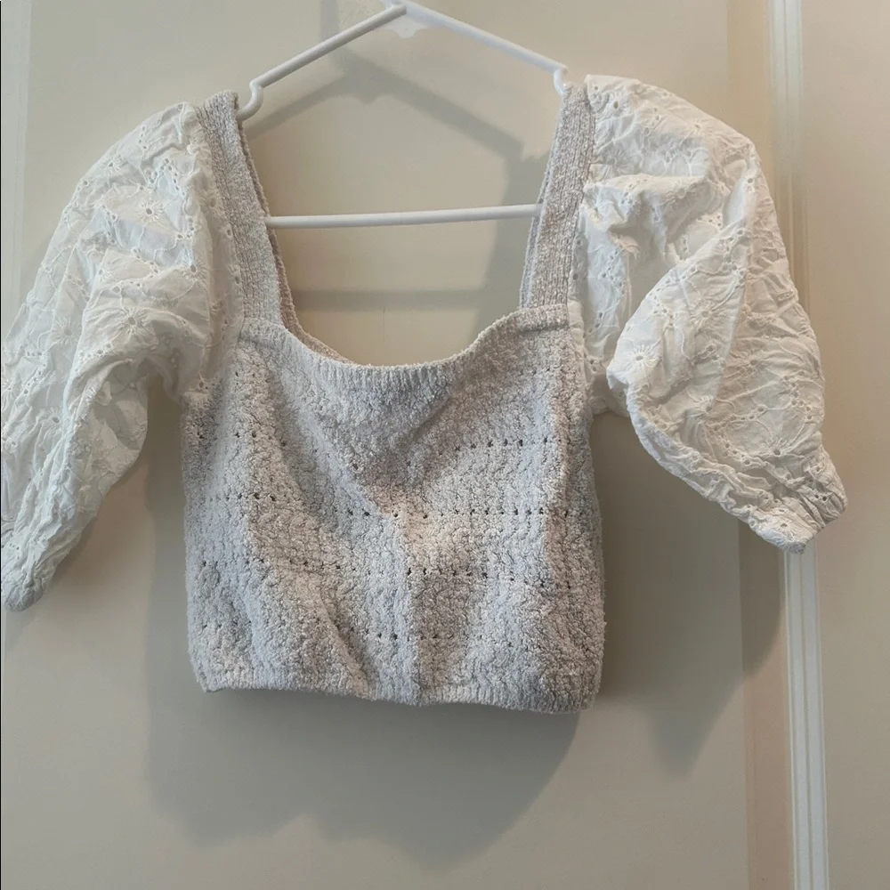Zara Crochet Knit Cropped Top Square Neck w/ Puff Eyelet Sleeves elastic size S